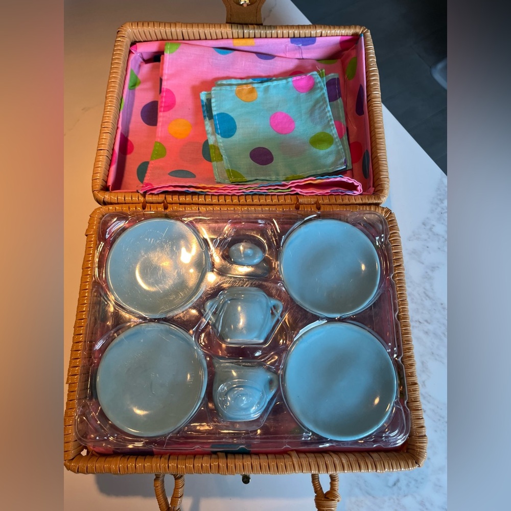 Kids Alex pretend tea set basket.   Ceramic plates, cups, tablecloth & napkins.
